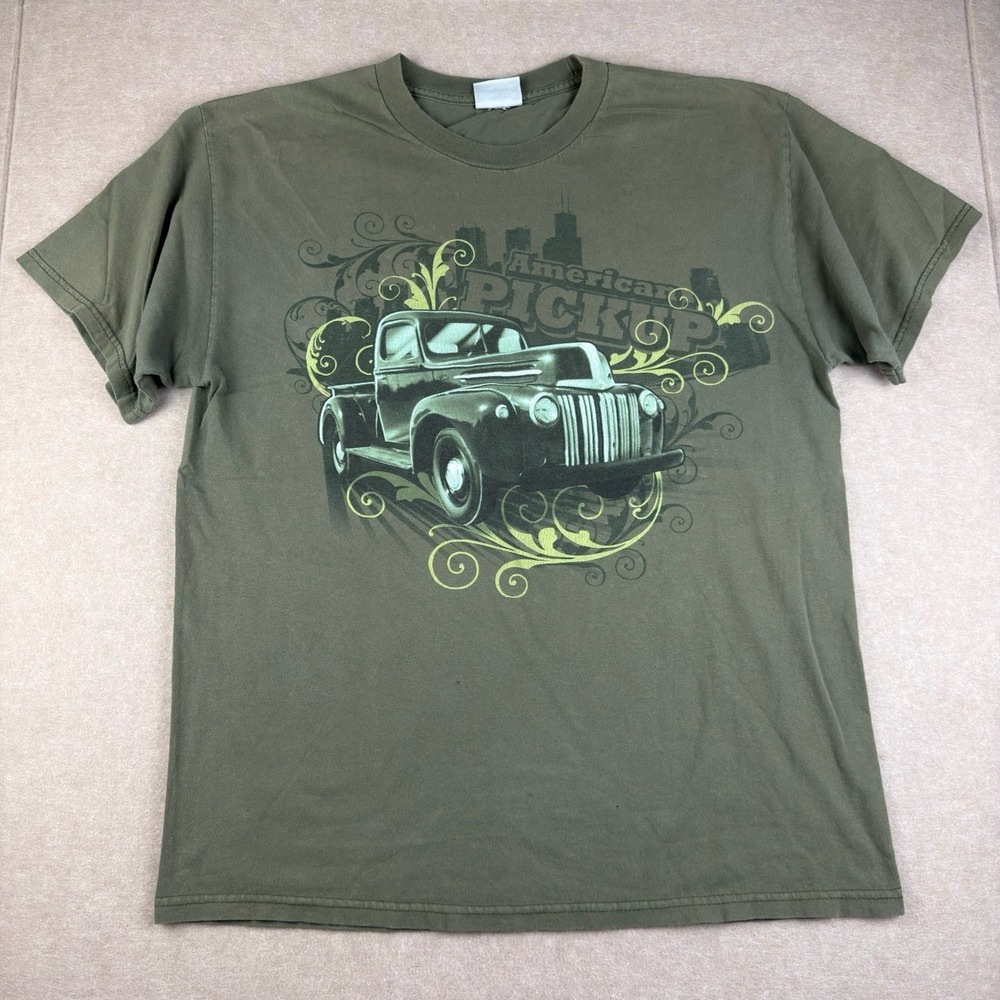 National Heritage T-Shirt Men L Sage Green American Pickup Truck Classic Car Tee